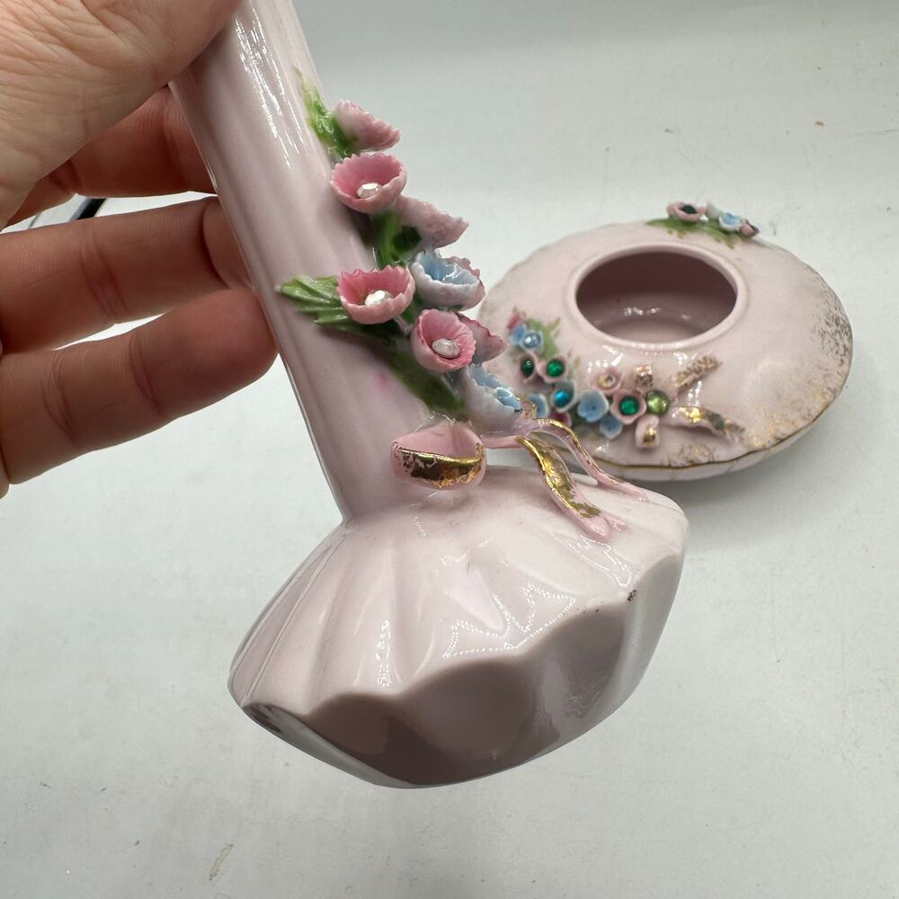 x2 vintage Lefton China floral vase and trinket dish feme lolita girlie regency - Picture 3 of 11